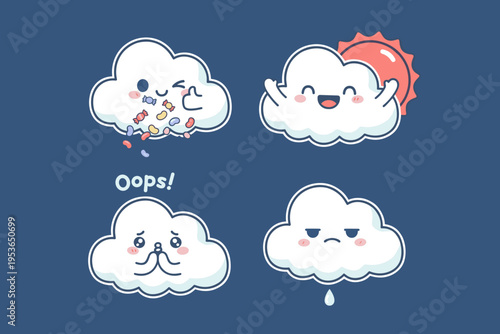 Set of cute cloud characters with different weather conditions and expressions including sunny rainy and oops face for kids design