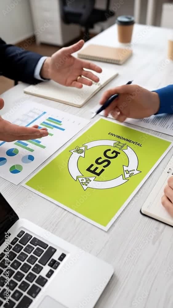 custom made wallpaper toronto digitalBusiness meeting discussing ESG strategy, charts, laptop, and document with circular arrows.