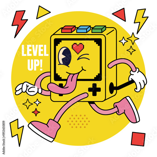 Retro 90s style handheld game console character with level up text and liquid limbs in trendy acid graphic and pop art vector design