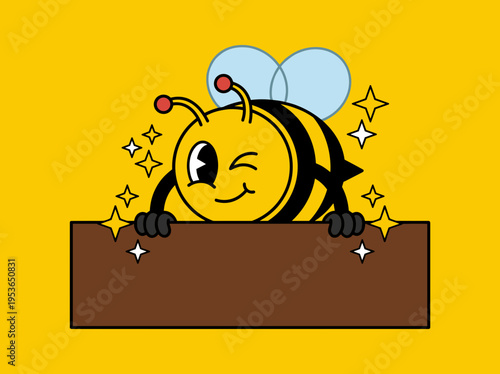 Retro cartoon honey bee mascot peeking over blank wooden sign board, vintage 1930s rubber hose animation style vector on yellow background for copy space