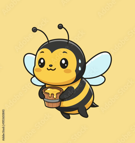 Adorable little honey bee character flying and carrying a bucket of fresh honey, cute kawaii insect illustration for organic products and kids design