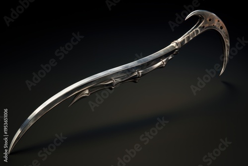 Gleaming fantasy glaive weapon with ornate bone like handle resting on a dark surface