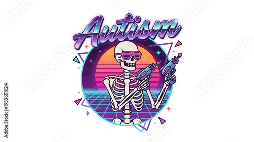 Retro Synthwave Skeleton with Ray Guns and Autism Text - 80s Outrun Aesthetic Graphic for Neurodiversity Awareness