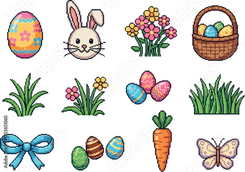 Pixel art Easter icons featuring eggs, bunnies, flowers, carrots, and baskets, perfect for festive decorations and springtime designs