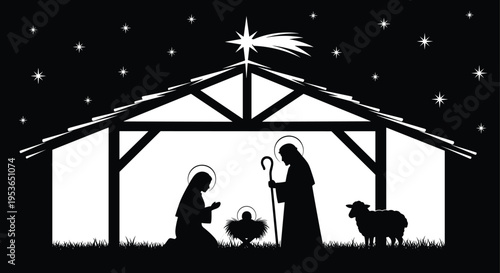 Nativity scene silhouette baby Jesus Mary Joseph manger star Christmas night religious illustration isolated black figures holy family