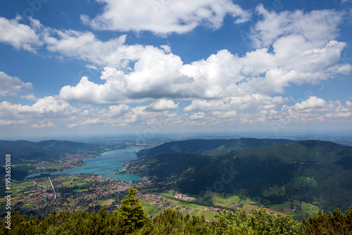 View from Wallberg mountain to lake Tegernsee, Bavaria, Germany