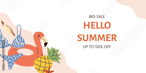 Bright summer banner with tropical beach elements, flamingo floating ring, pineapple, swim suit. Seaside background, vector illustration with sunny vibes, perfect for 50% off sale and vacation promoti
