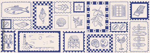 Seamless vector banner with mediterranean summer line art seashells, lemons, lobster and various coastal elements. Whimsical background with playful blue frames. Tropical beach pattern