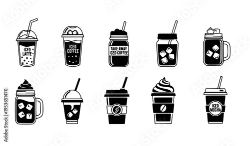 Iced coffee silhouette icon set with cold brew latte takeaway cups and frozen drinks black and white vector collection