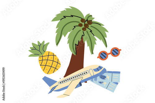 Travel by plane to tropical countries concept illustration. Summer vacation beach elements and airplane tickets, plane. Pineapple, Coconut palm tree and travel elements isolated in cartoon flat style