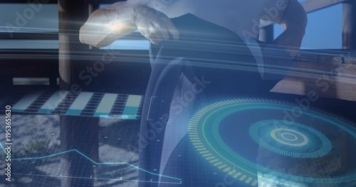 Animation of digital data processing over caucasian surfer