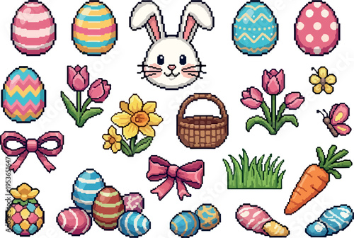 Collection of Easter-themed pixel art elements including a bunny, decorated eggs, flowers, and a basket, perfect for holiday designs and decorations