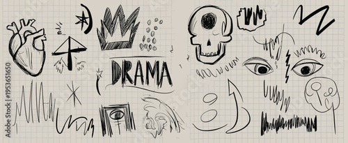 A black and white sketchy doodle composition featuring various abstract symbols and including a heart, skull, eyes, and the word drama