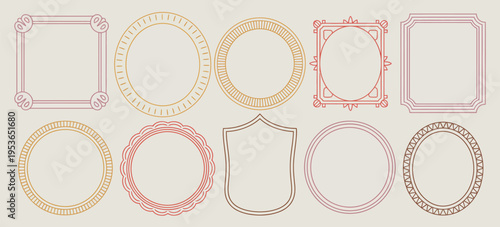 A collection of 10 decorative vintage frames in various shapes and colors including circles squares and shields