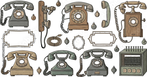 Vintage retro telephone collection vector illustration with antique rotary phones, classic communication devices and decorative frames in detailed flat style