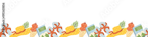 Summer travel coastal essentials background. Vacation beach elements border. Hat, ice cream, travel note, flip flops and palm leaf. Cartoon flat vector illustration.