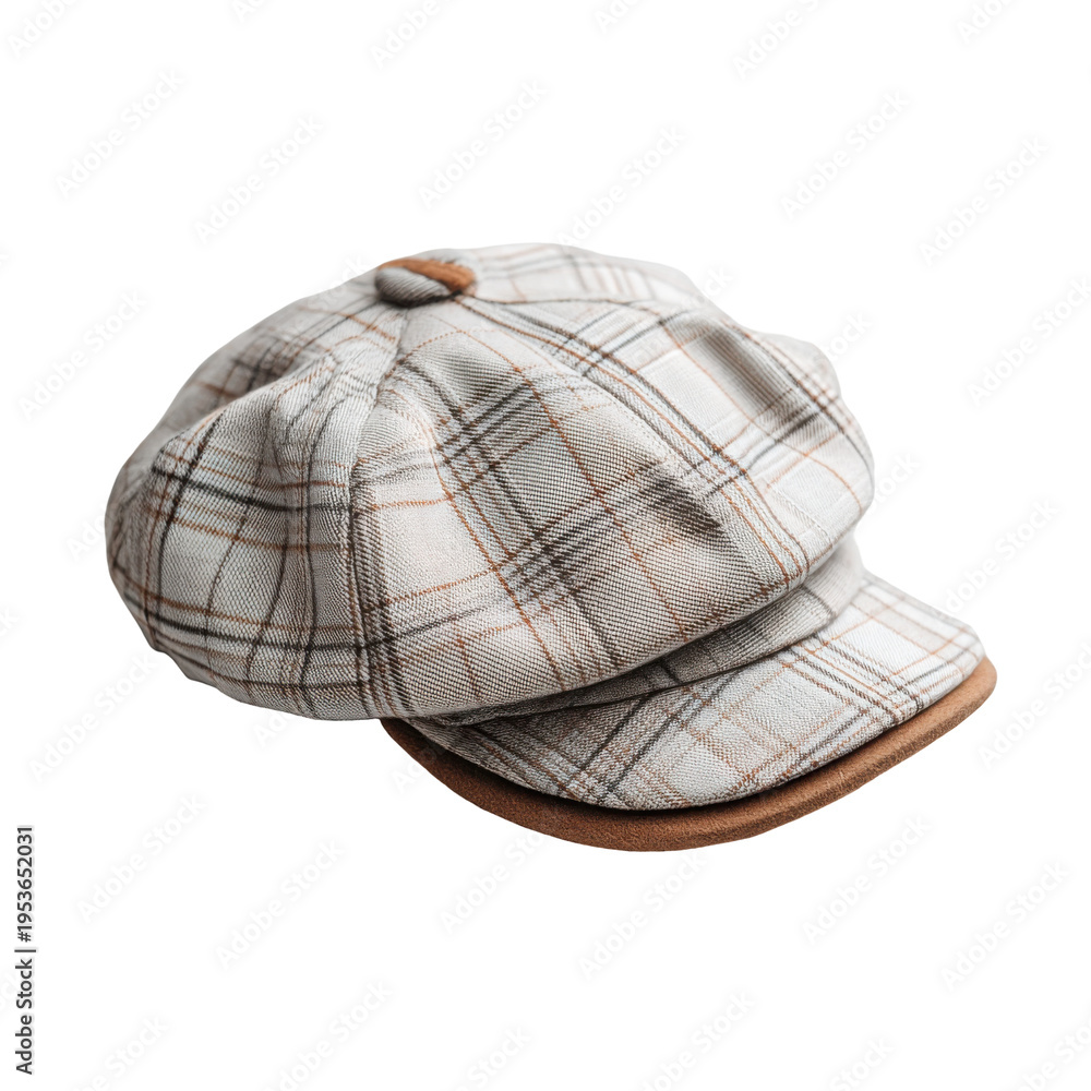 Fototapeta premium Trendy plaid newsboy cap isolated on transparent background for women and girls