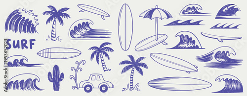 A collection of hand drawn blue surfing and beach including waves surfboards palm trees and a jeep