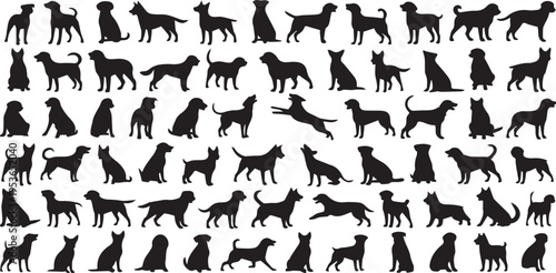 Diverse silhouettes of dogs in various poses and breeds