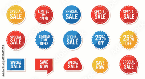 Collection of sale discount stickers.