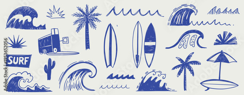 A collection of hand drawn blue surfing and beach including waves, surfboards, palm trees, and a van