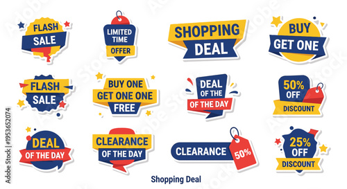 Colorful shopping deal stickers and labels.