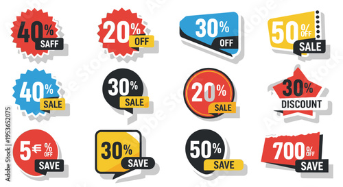 Colorful sale discount stickers set.