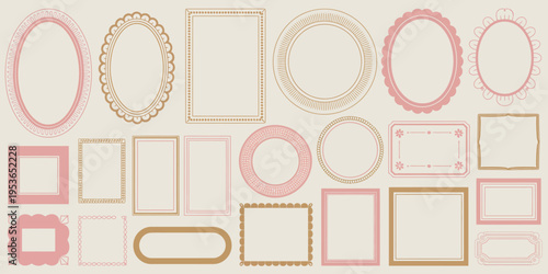 A collection of vintage style decorative frames in pink and gold colors