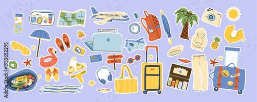 Summer Vacation Plane stickers. Travel by plane elements in cartoon flat style. Warm clothes, first aid kit, trip coastal icons. Hygiene travel kit: toothpaste, soap, toilet paper, dental floss, umbre