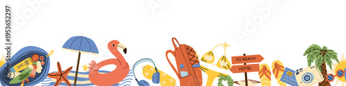 Cartoon summer beach umbrella border with seaside accessories. Headphones, floating ring flamingo and towel with sea elements, susncreen cosmetic, bikini, camera. Vacation on beach background.