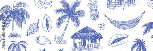 A hand drawn pattern in royal blue featuring tropical like palm trees, fruits, and a hut