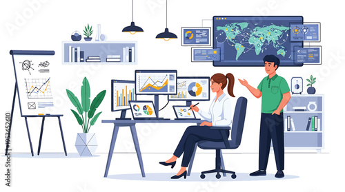 Two data analysts collaborating on complex data visualization tasks.