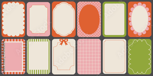 A set of 10 decorative card templates with various borders and patterns in pink green and orange