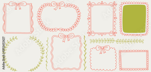 A set of decorative frames and borders in pink and green with floral and ribbon