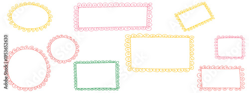 A set of 8 decorative hand drawn frames in pink yellow and green colors with floral patterns
