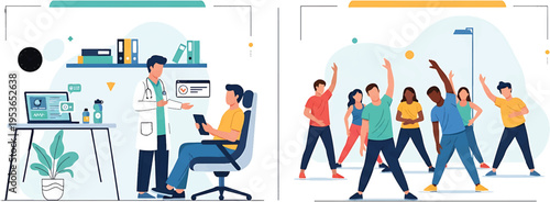 Two distinct scenes one of a man working remotely at a desk and another of a diverse group of people exercising outdoors.