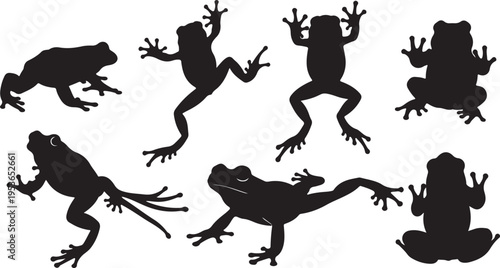 Diverse silhouettes of frogs in various dynamic poses