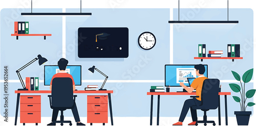 Two male office workers diligently working on computers in a modern office setting.