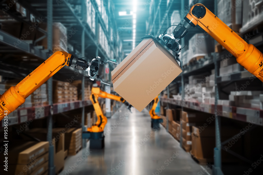 Fototapeta premium Smart robot arm system for innovative warehouse and factory digital technology . Automation manufacturing robot controlled by industry engineering using IOT software connected to internet network .
