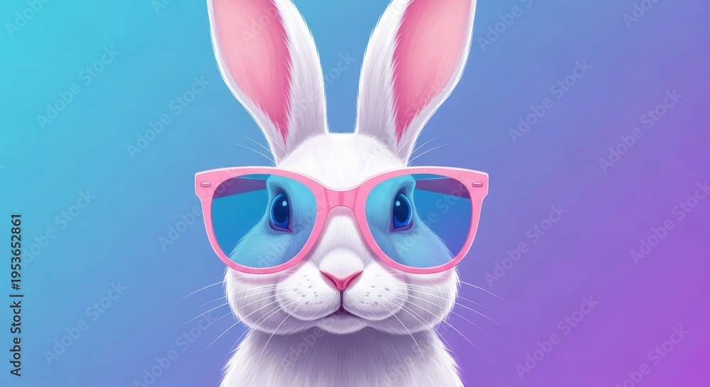 Fototapeta premium A cute white rabbit wearing stylish pink sunglasses against a vibrant blue and purple background