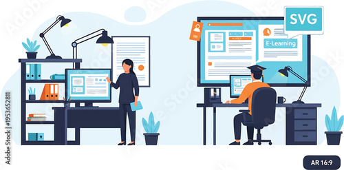 Two professionals working on computers in an office setting managing data and digital content with an emphasis on SVG files and web development.