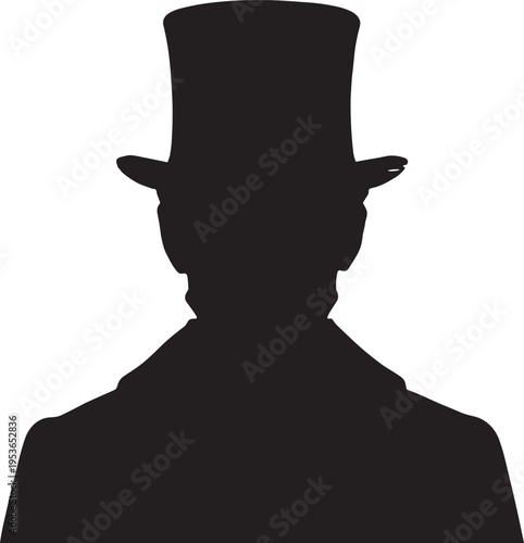 Black silhouette illustration of mysterious person wearing tall top hat, shown from shoulders up, ideal for fashion, vintage style, detective imagery, and graphic design resources.