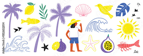 A vibrant hand drawn collection featuring tropical and a person in a yellow hat palm tree