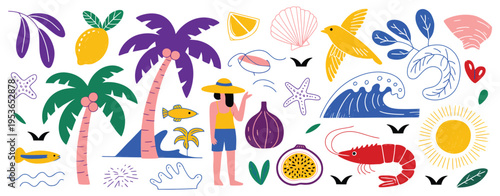 A vibrant hand drawn collection featuring tropical and beach activities palm tree
