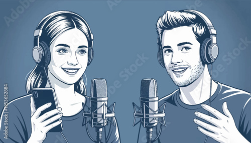 Vector illustration in a cartoon style in monochrome blue colors. A man and a woman with headphones and microphones are having a conversation during a podcast.