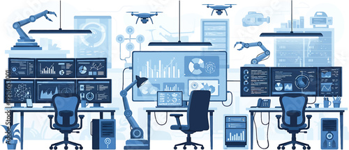 Advanced Technology Control Room with Multiple Screens and Robotic Arms.