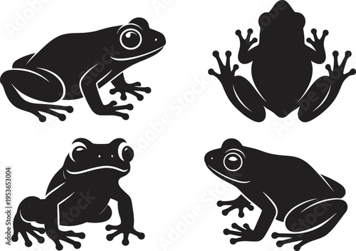 Collection of four black silhouette illustrations of frogs in different poses including side, top, and frontal views, ideal for biology, design, and educational graphics.