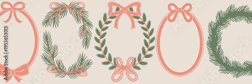 Five circular wreath with green pine and red bows on a light background