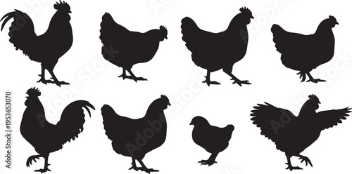 Collection of black silhouette roosters and hens in various poses