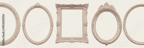 Five ornate vintage style frames in white with intricate detailing arranged in a row